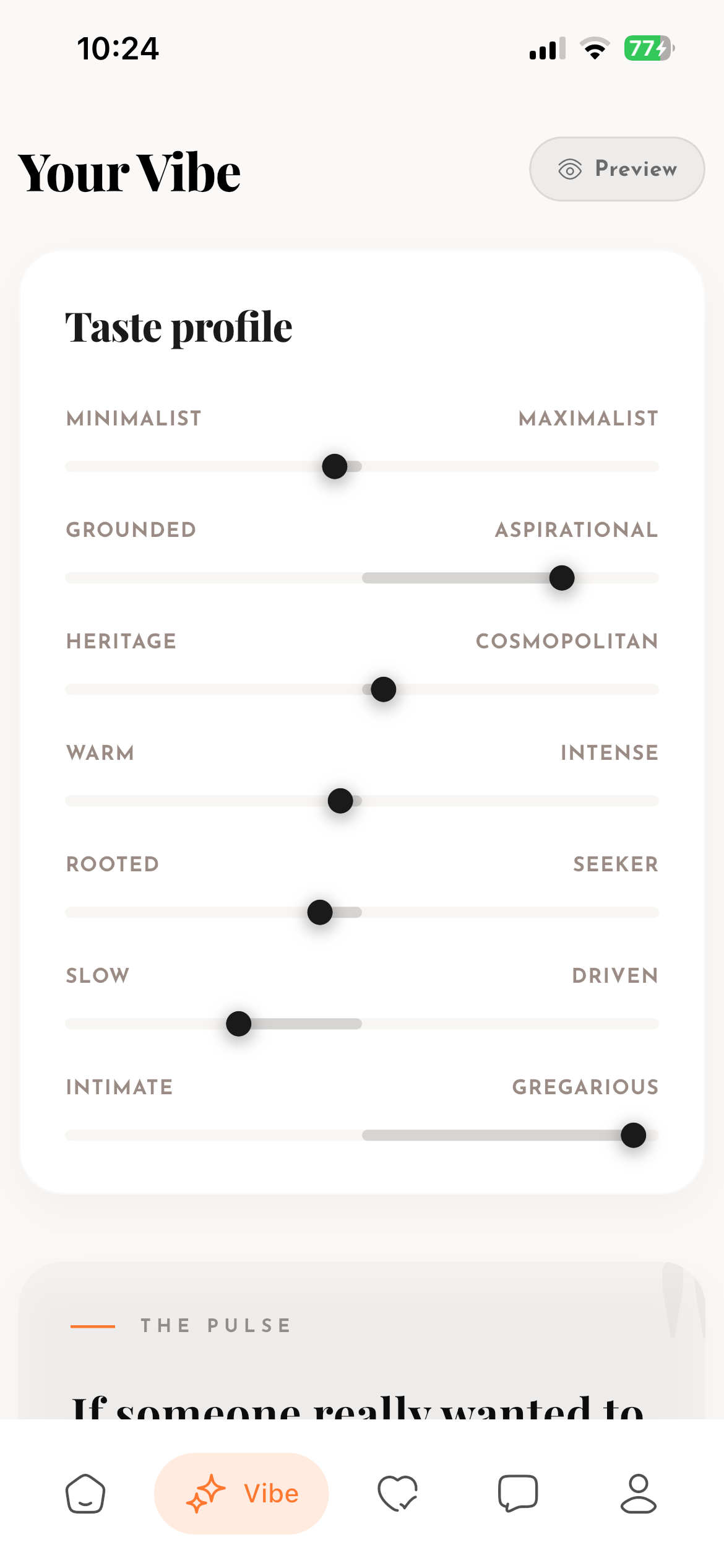 Taste profile — personality spectrum bars